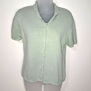 Bridgewater Short sleeve sweater cardigan light green sage Small Crochet Vintage